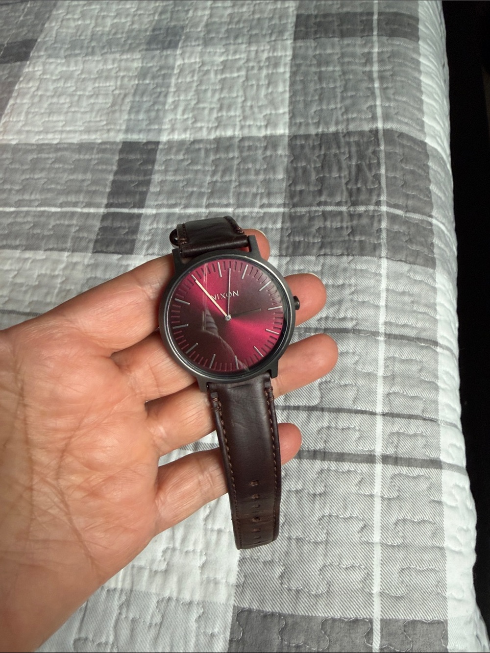 Nixon Red Sunburst Dial Watch with Brown Leather Band - Picture 3 of 11